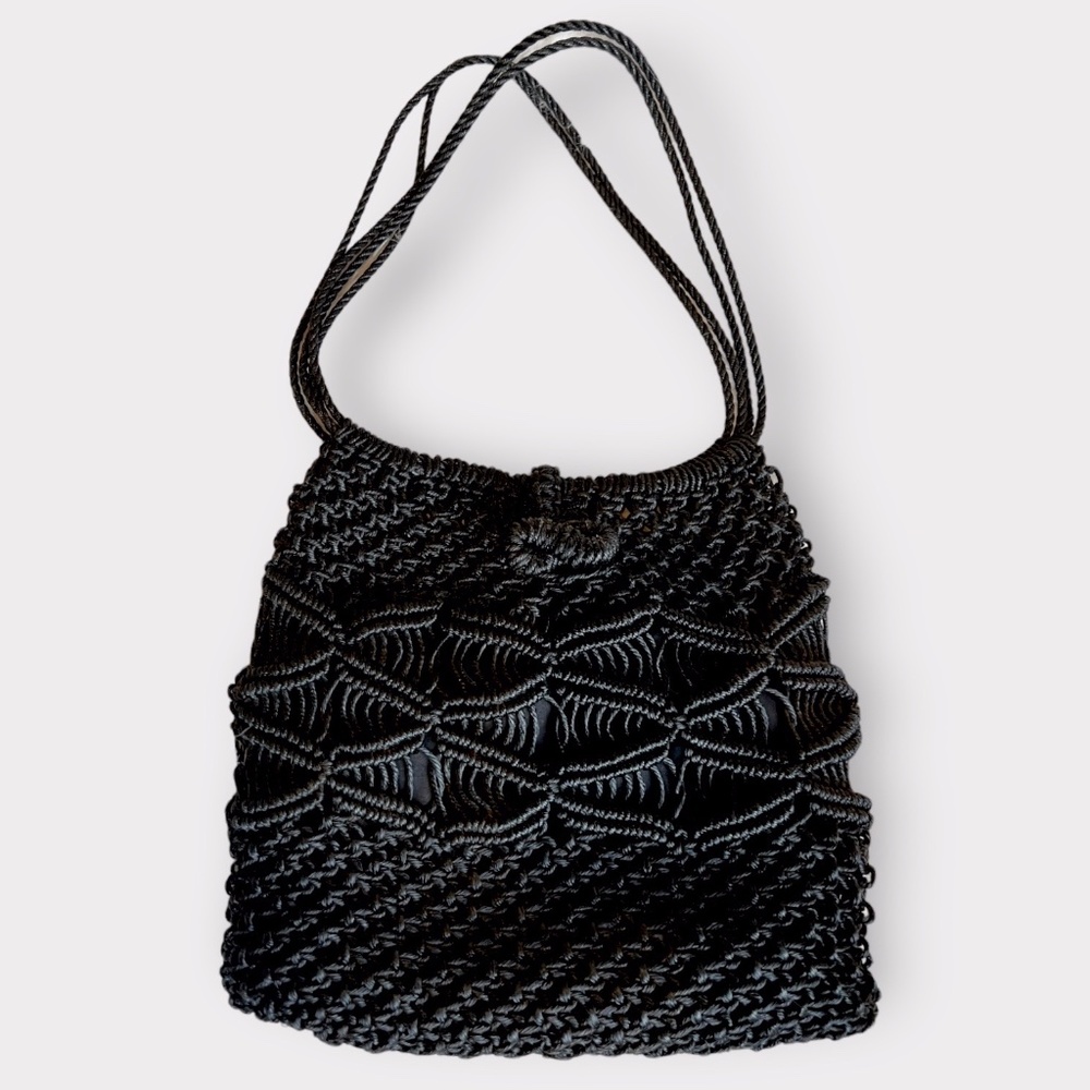 Vintage 1960's Black Thick Large Macrame Shoulder Bag Purse
